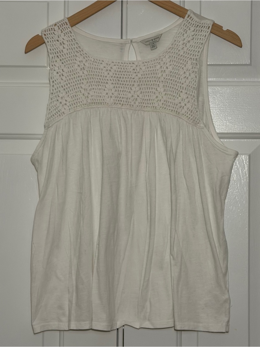 Lucky Brand Crochet Yoke Boho Tank Top Ivory Sleeveless Peasant Blouse L Romance